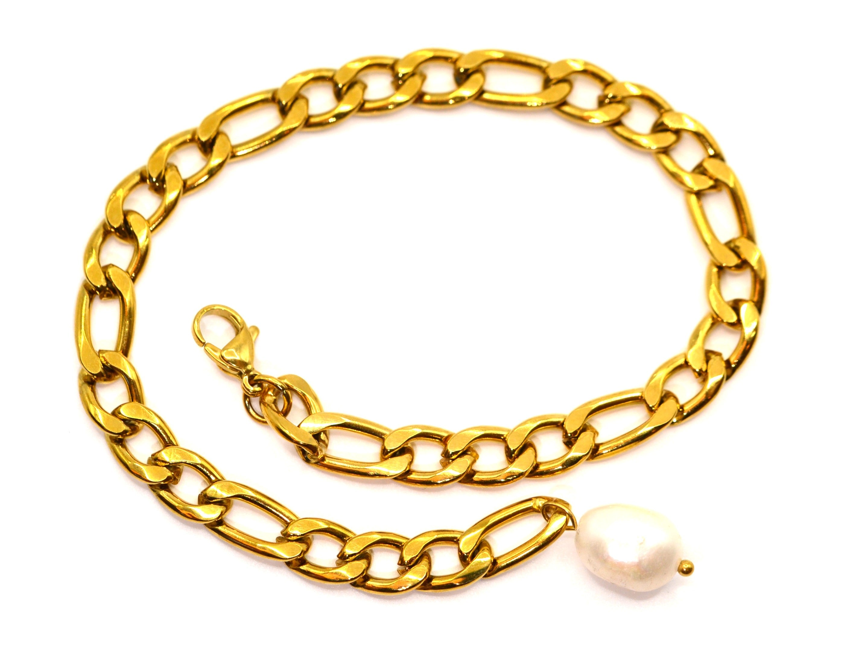 Fußkette - 18K Gold - Figaro - Damen - Barockperle