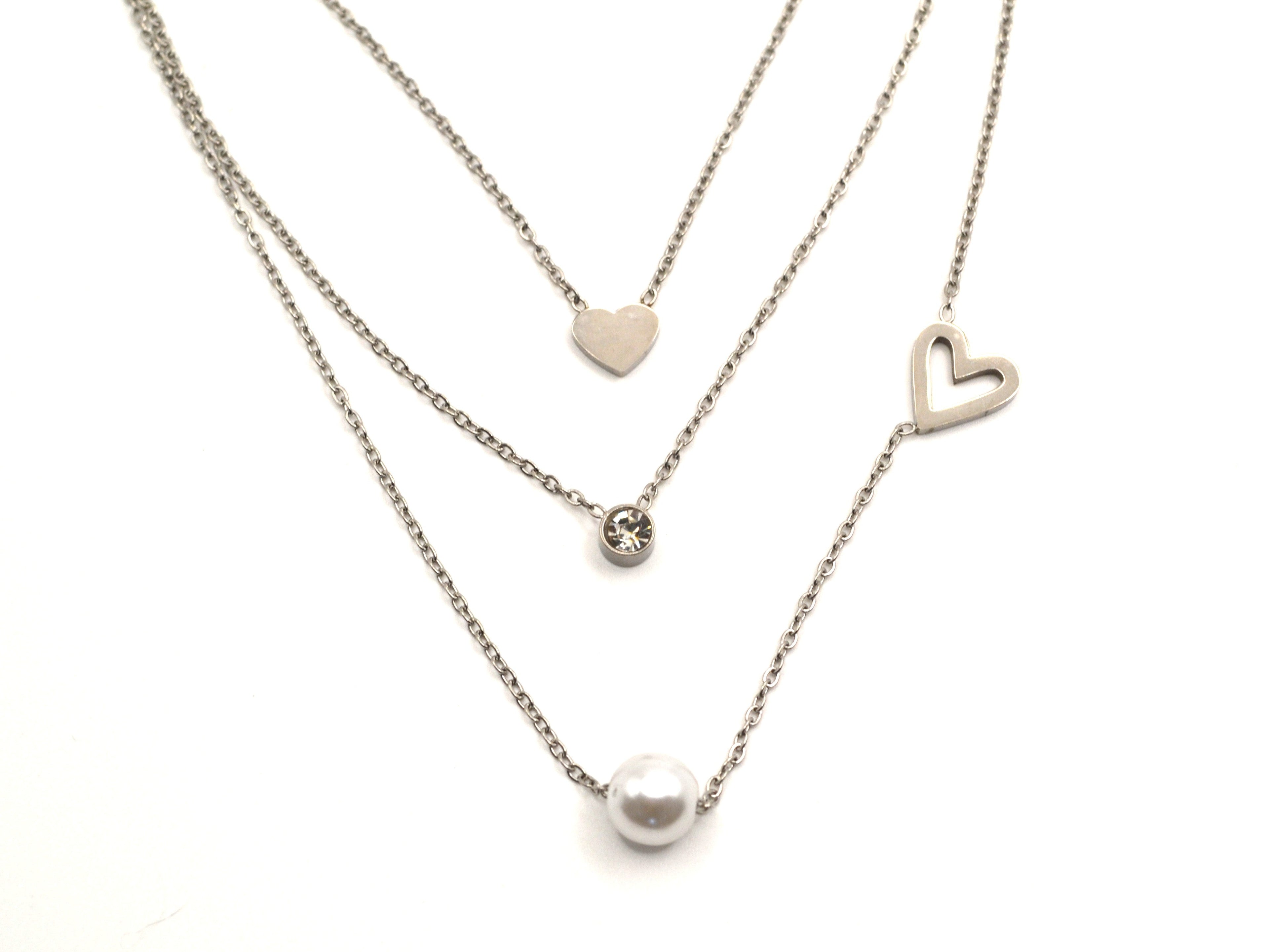 Dreireihige Halskette - Silber - Herz, Perle & Zirkon - Damen