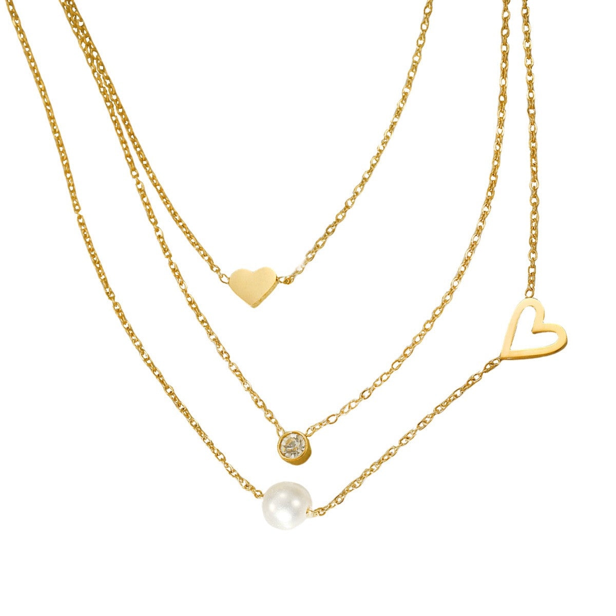Dreireihige Halskette - 18K Gold - Herz, Perle & Zirkon - Damen
