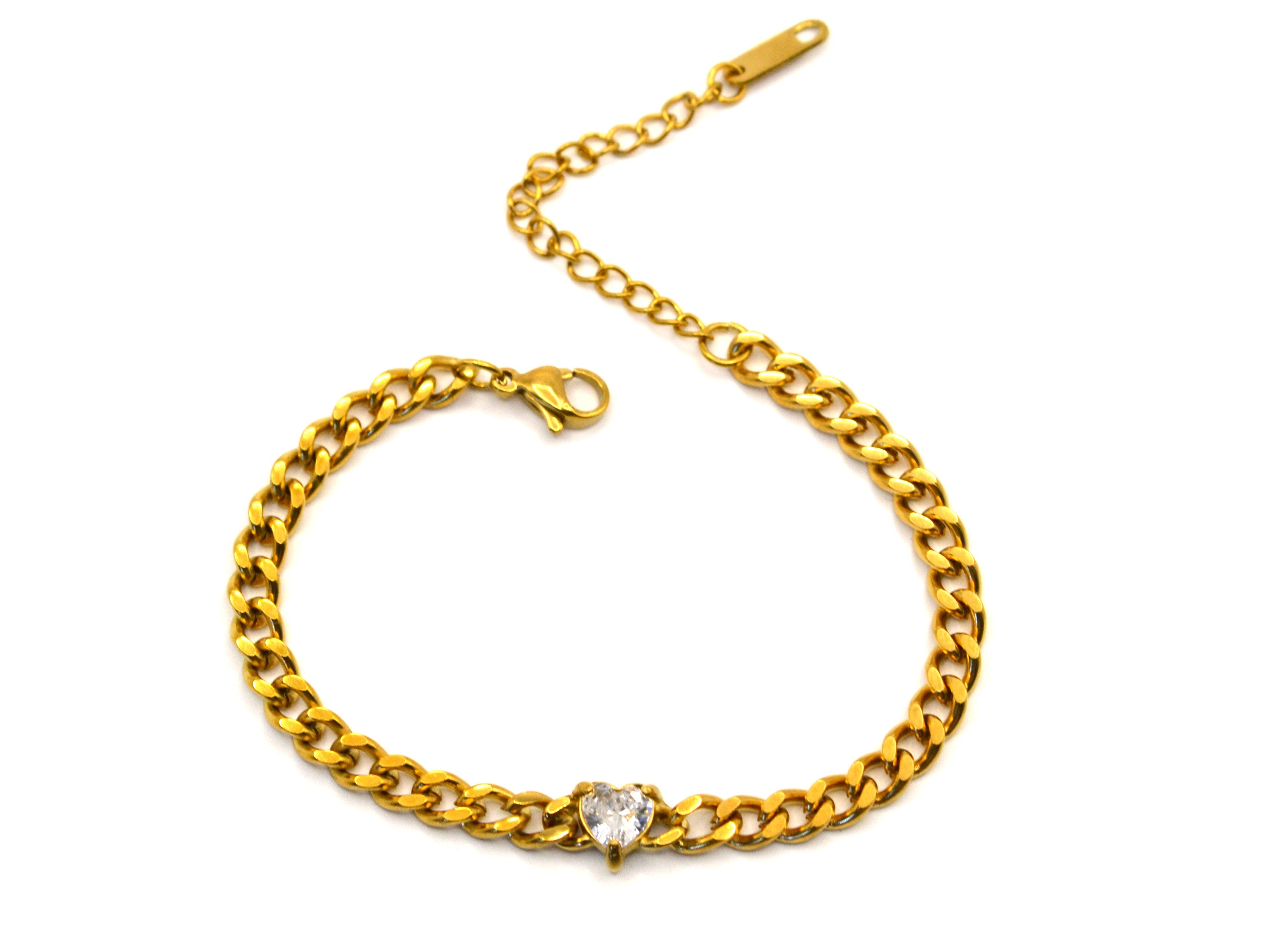 Armband | 18K Gold - Cuban - Herz - Zirkon - B 5mm - L 16+5cm - Damen