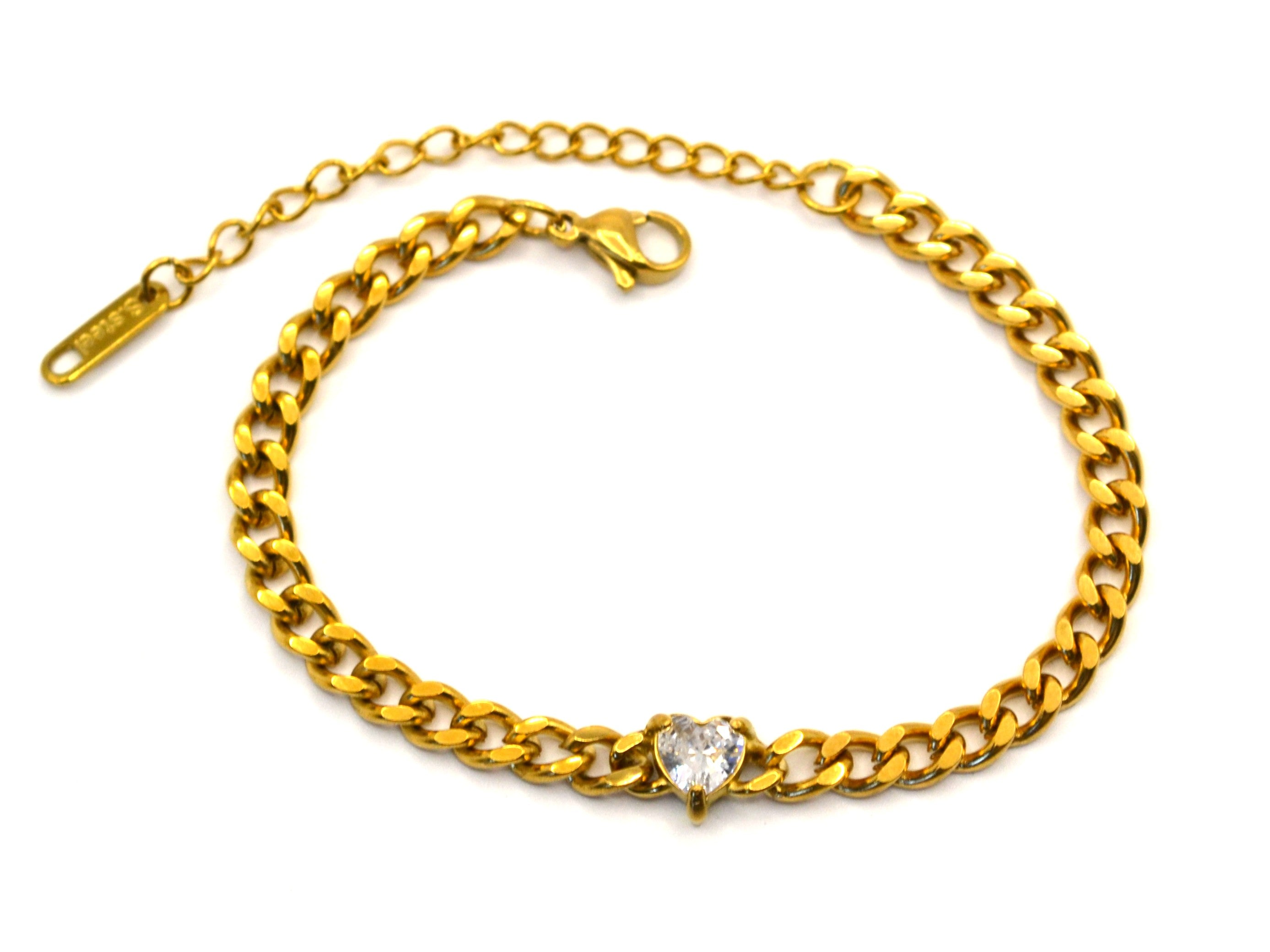 Armband | 18K Gold - Cuban - Herz - Zirkon - B 5mm - L 16+5cm - Damen