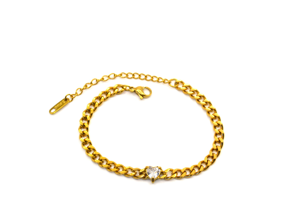 Armband | 18K Gold - Cuban - Herz - Zirkon - B 5mm - L 16+5cm - Damen
