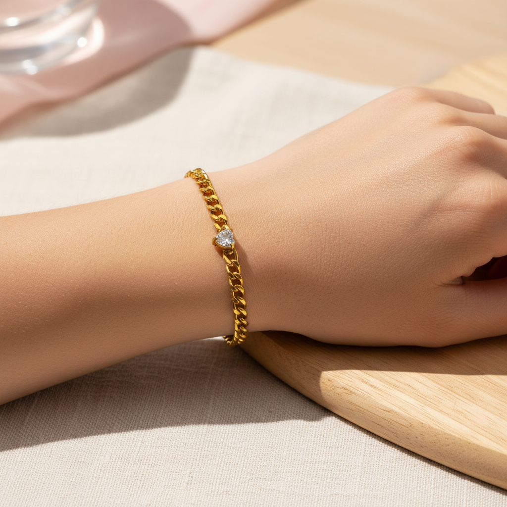 Bracelet | 18K Gold - Cuban - Heart - Zircon - W 5mm - L 16+5cm - Women