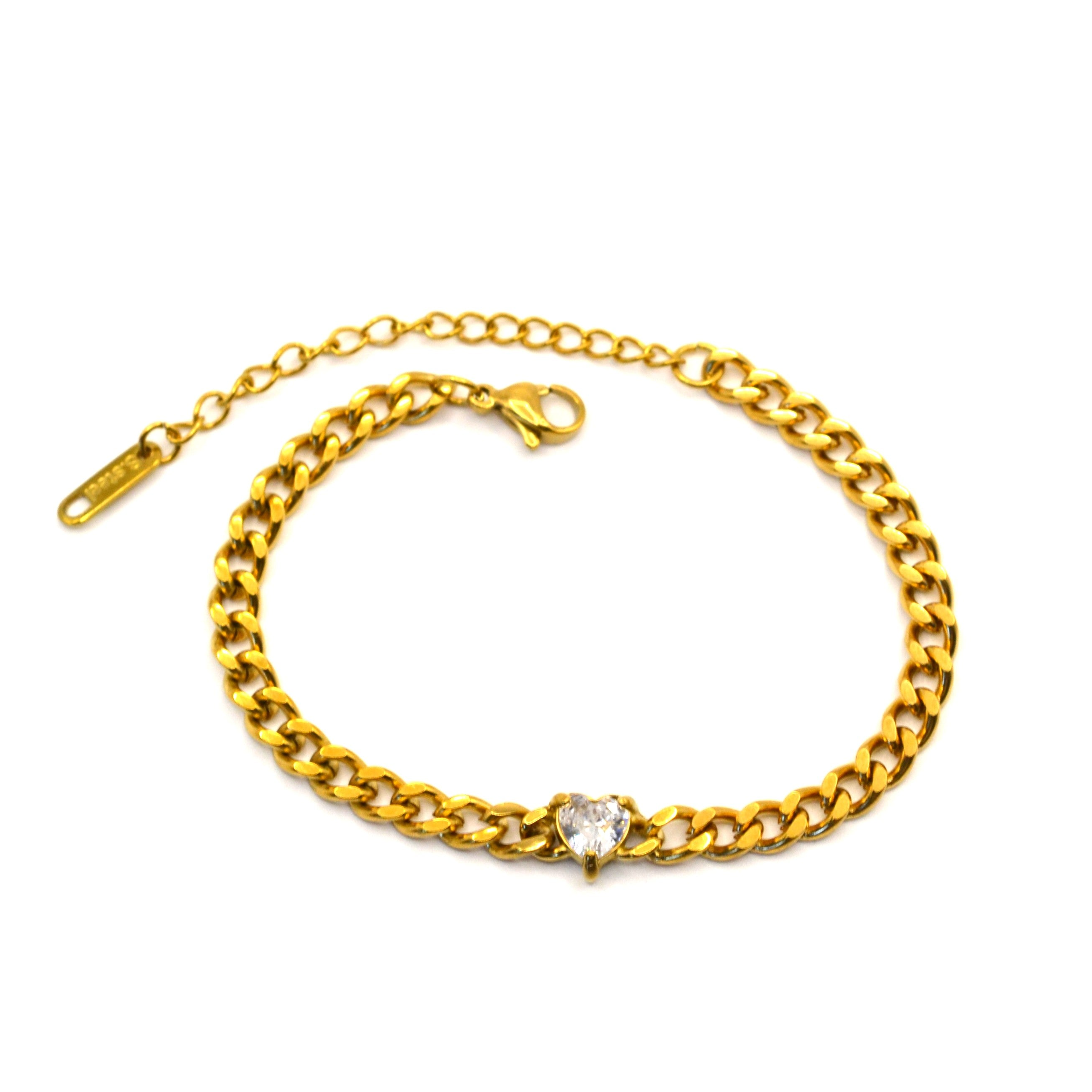 Armband | 18K Gold - Cuban - Herz - Zirkon - B 5mm - L 16+5cm - Damen