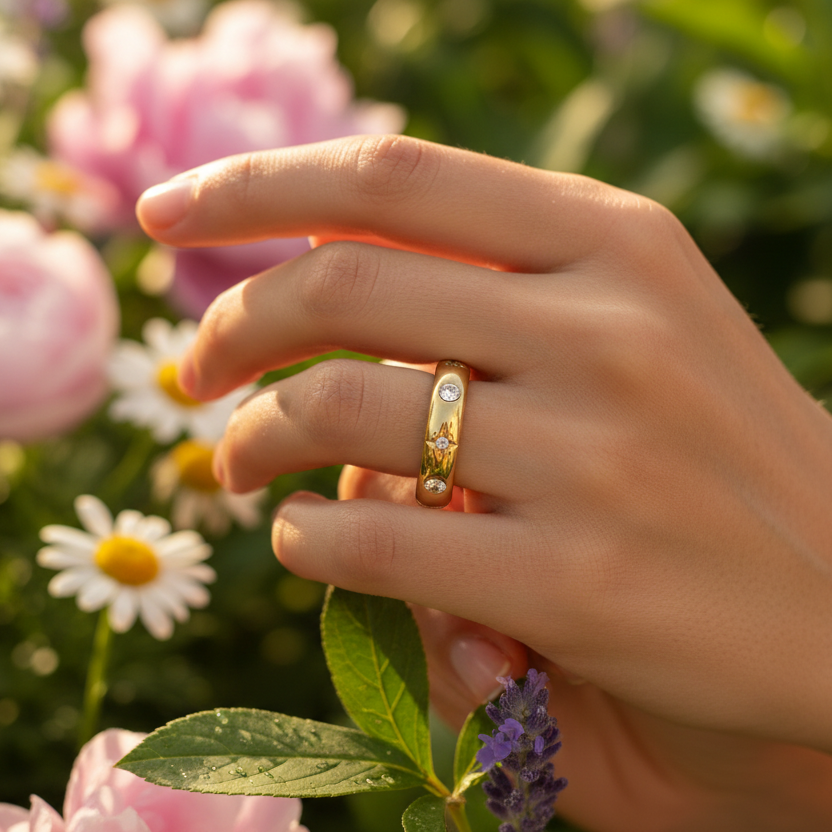 Ring | 18K Gold - Stars - Zirkon - bombiert - B 4,5mm - Damen