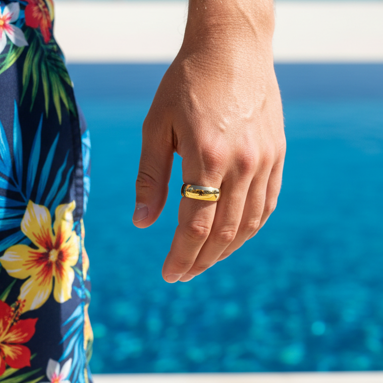 Ring | 18K Gold - Titanstahl - Bandring - bombiert - B 6mm - Herren