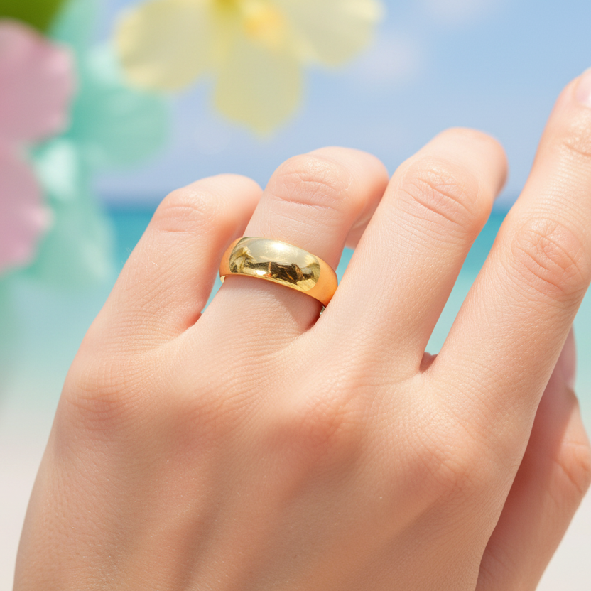 Ring | 18K Gold - Titanstahl - Bandring - bombiert - B 6mm - Damen