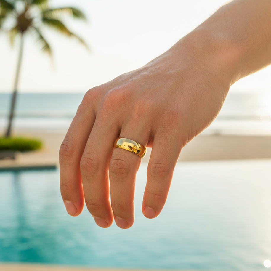 Ring | 18K Gold - Titanstahl - Bandring - bombiert - B 6mm - Herren