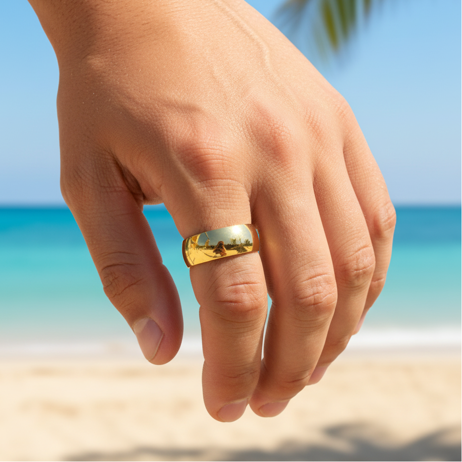 Ring | 18K Gold - Titanstahl - Bandring - bombiert - B 8mm - Herren