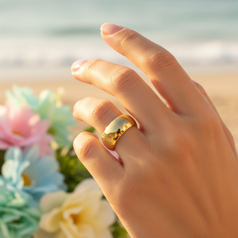 Ring | 18K Gold - Titanstahl - Bandring - bombiert - B 8mm - Damen