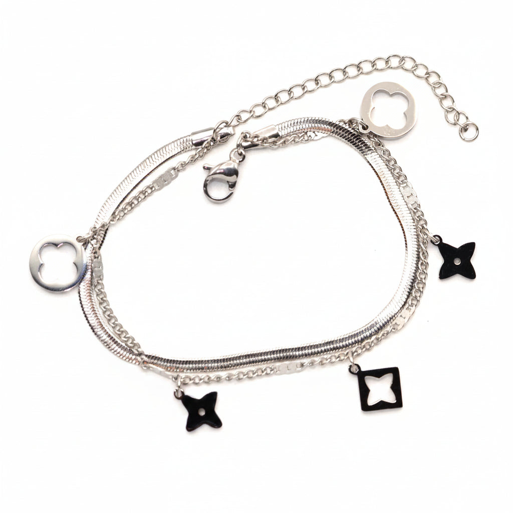 Bracelet | Silver - Layering - Clover & Star - L 17.5+5cm - Women