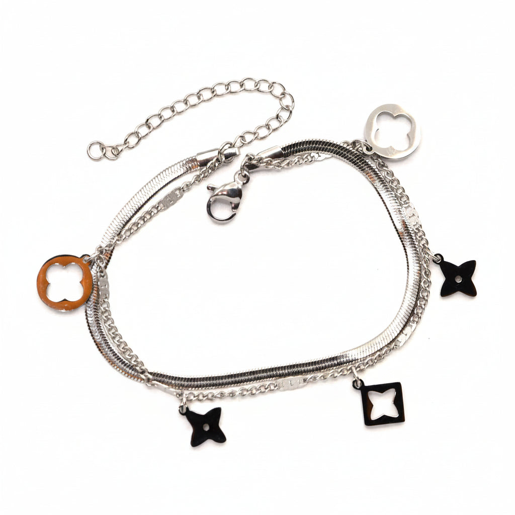 Bracelet | Silver - Layering - Clover & Star - L 17.5+5cm - Women