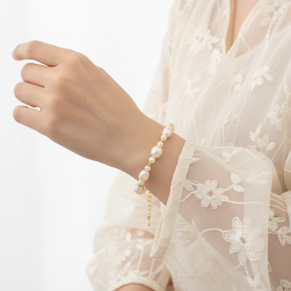 Armband | Süßwasserperlen - Natur - B 4-9mm - L 16,5+5cm - Damen