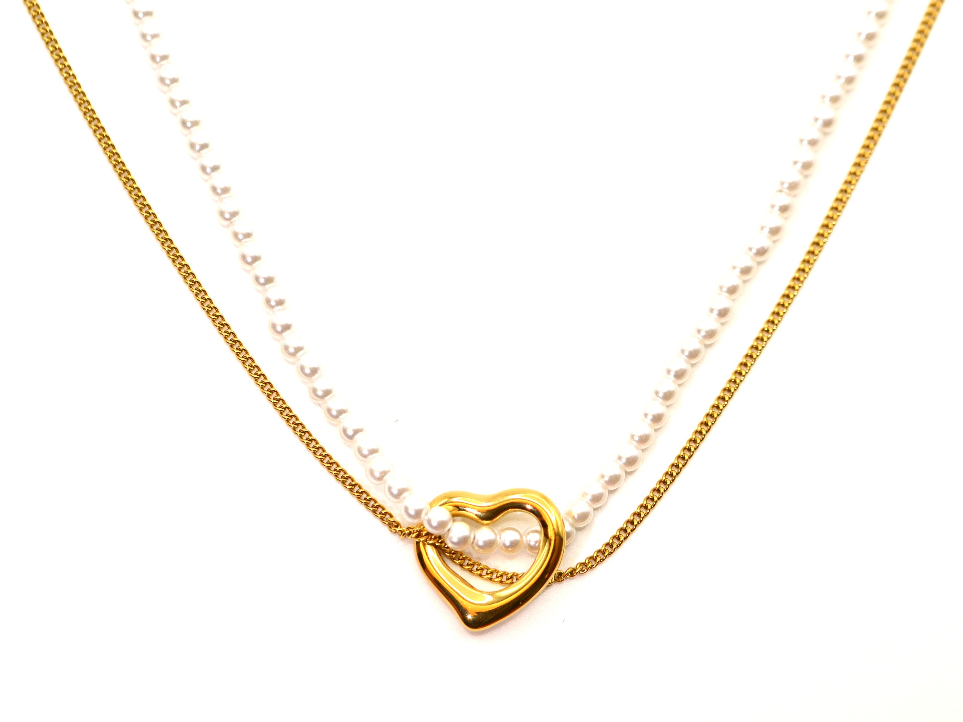 Halskette - 18K Gold - Herz & Perlen - Doppelkette - Damen