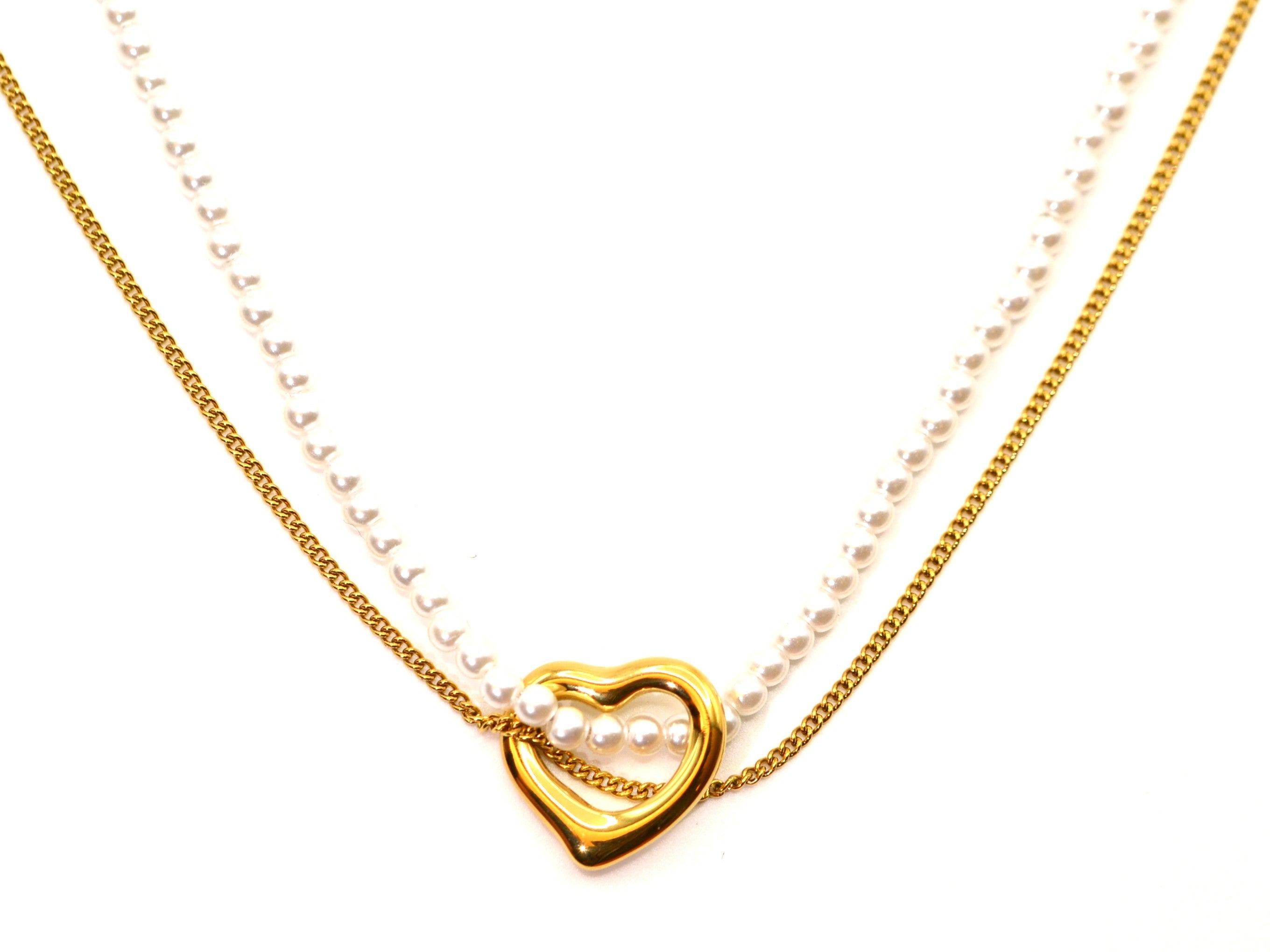 Halskette - 18K Gold - Herz & Perlen - Doppelkette - Damen