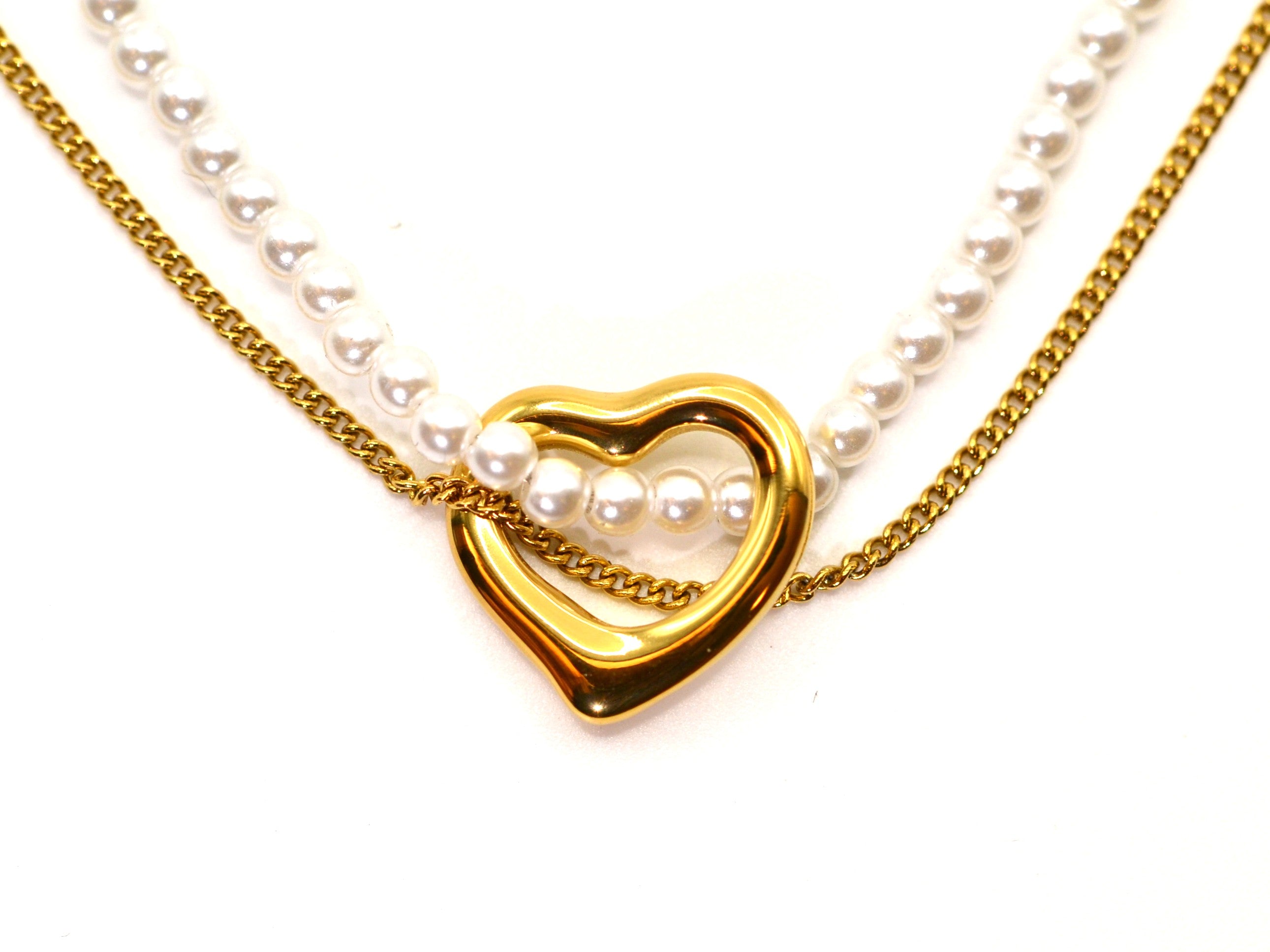 Halskette - 18K Gold - Herz & Perlen - Doppelkette - Damen