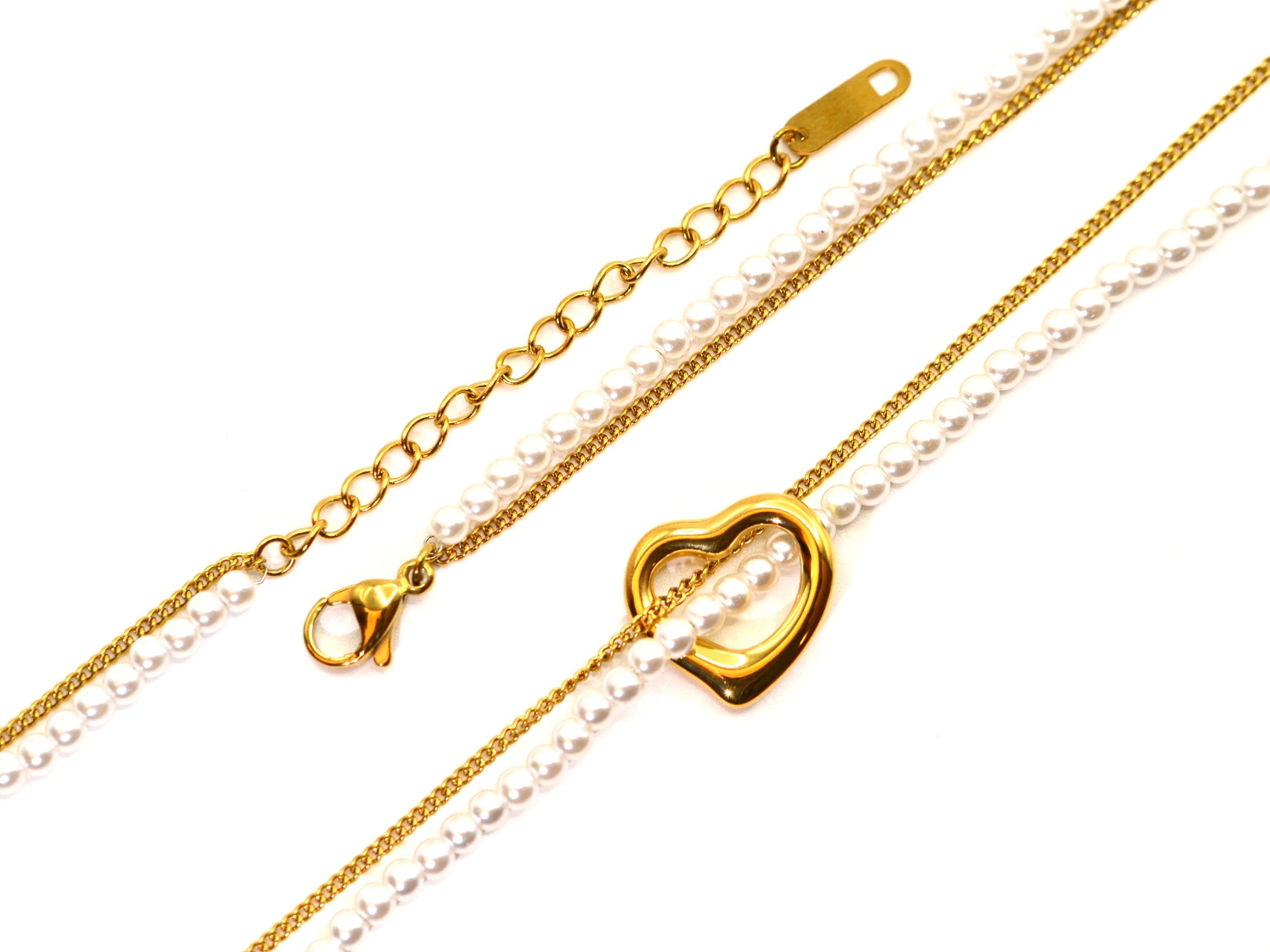 Halskette - 18K Gold - Herz & Perlen - Doppelkette - Damen