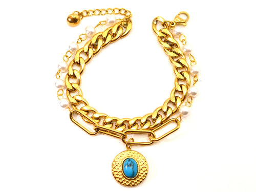 Armband | 18K Gold - Layering - Perlen & Anhänger - L 16+3cm - Damen