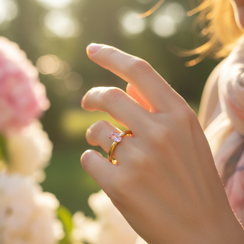 Ring | 18K Gold - Solitär - Ovaler Zirkon - Rosa - B 2mm - Damen