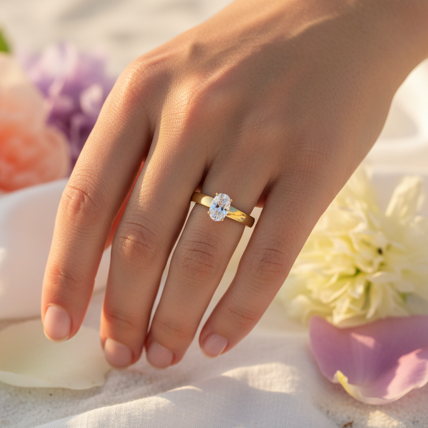 Ring | 18K Gold - Solitär - Ovaler Zirkon - 2mm - Damen