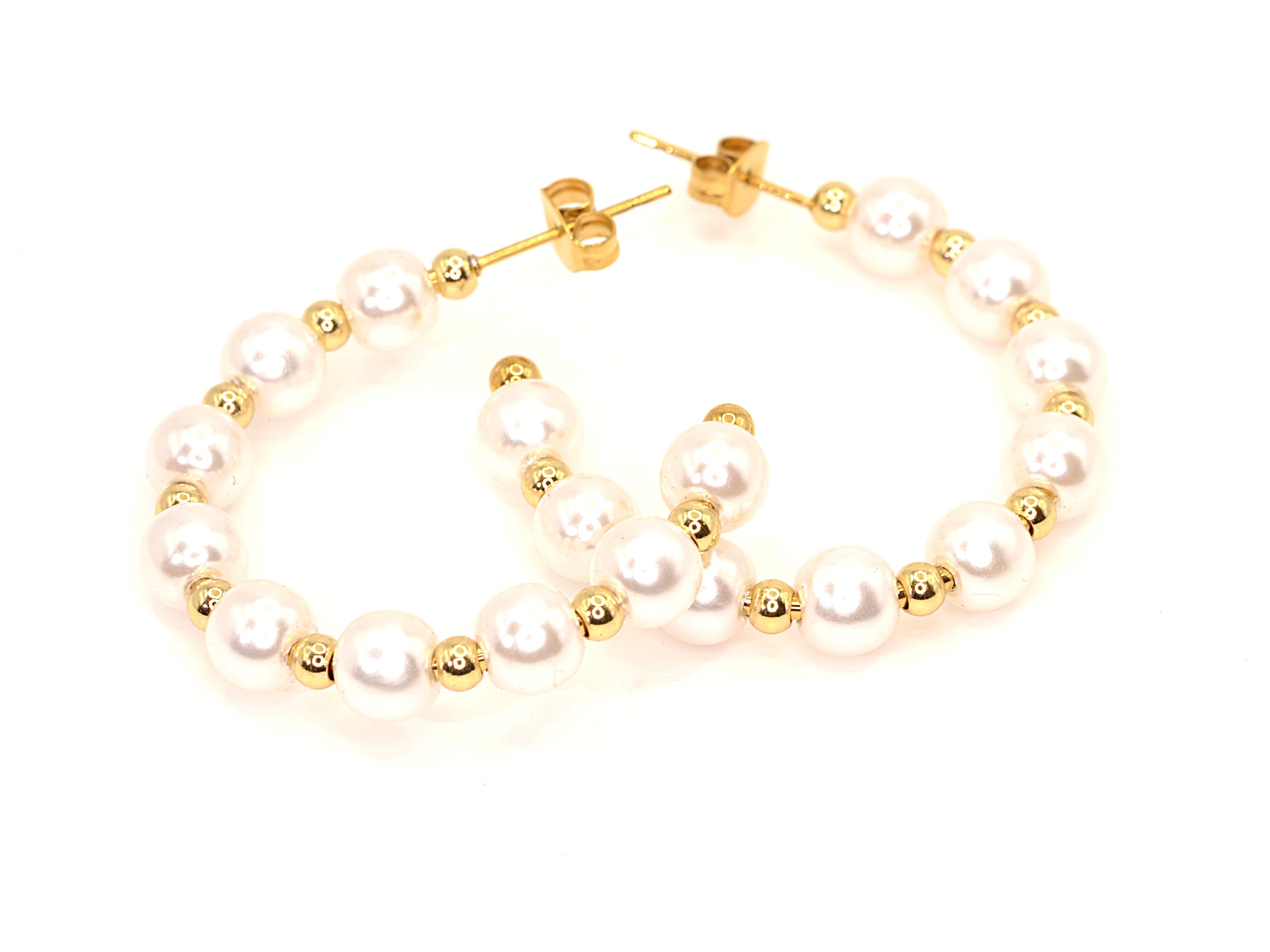 Perlenohrringe - 18K Gold - offene Creolen - 35mm - Damen