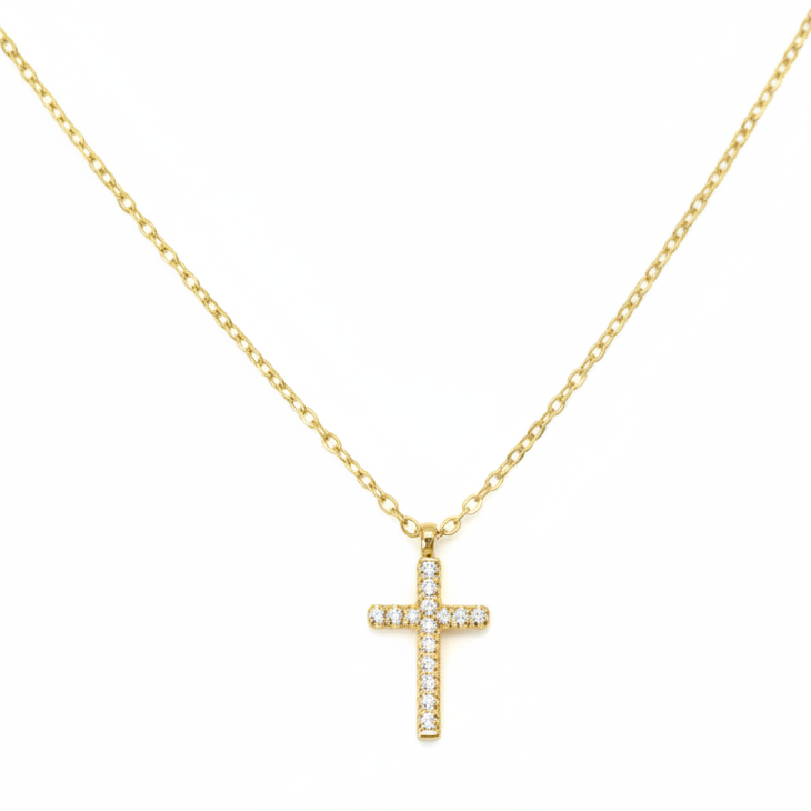 Necklace | 18K Gold - Anchor Chain with Cross - W 1mm - L 41+5cm - Women's