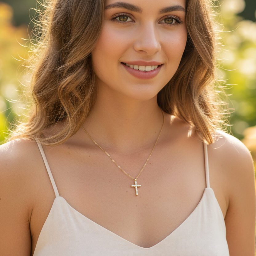 Necklace | 18K Gold - Anchor Chain with Cross - W 1mm - L 41+5cm - Women's