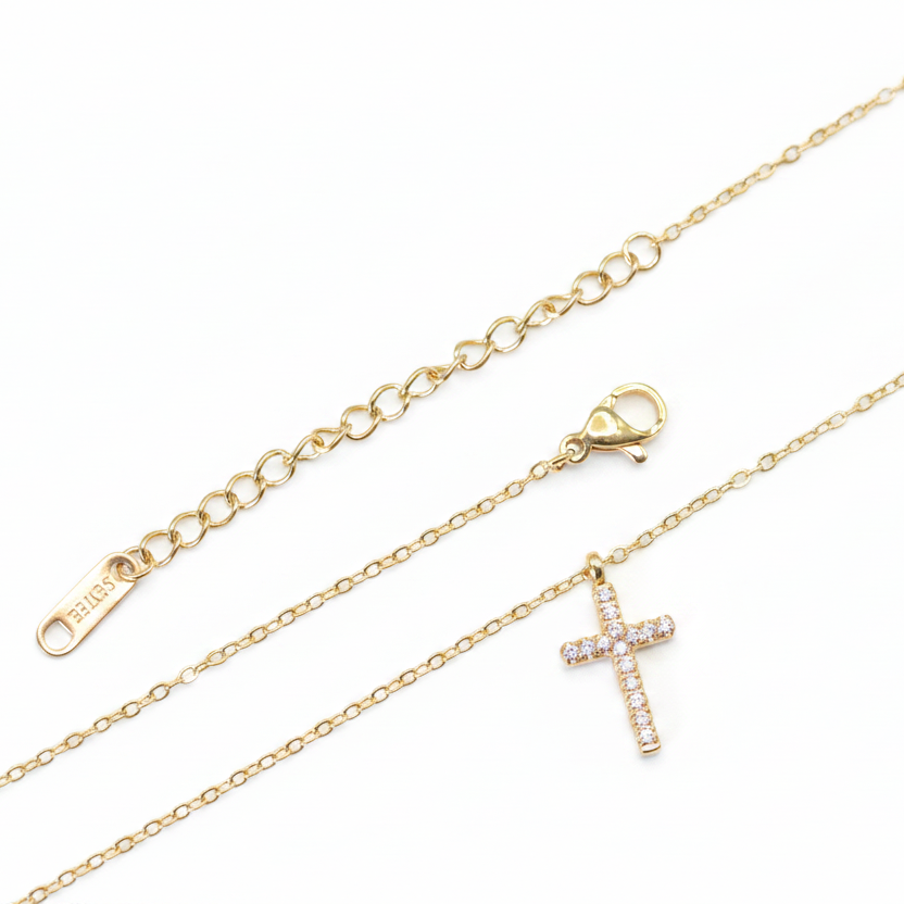 Necklace | 18K Gold - Anchor Chain with Cross - W 1mm - L 41+5cm - Women's