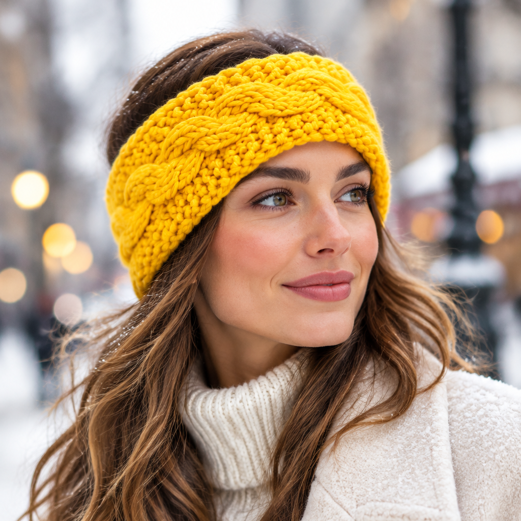Stirnband | Weiche Kunstwolle - Gelb - Herbst - Winter - Damen