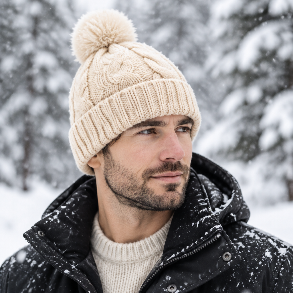 Strickmütze | Baumwolle - Beige - Gefüttert - Wintermütze - Unisex