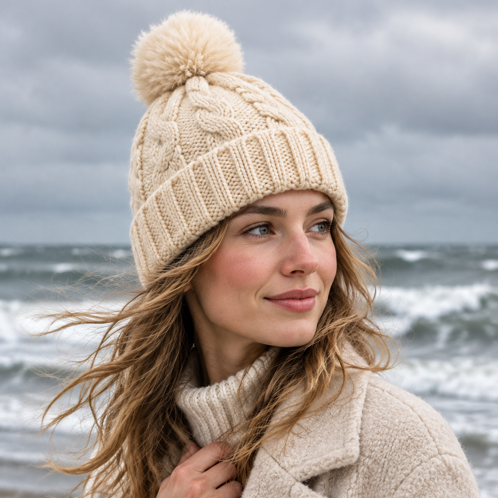 Strickmütze | Baumwolle - Beige - Gefüttert - Wintermütze - Unisex