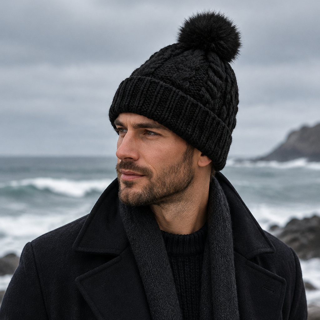 Knitted hat | Cotton - Black - Lined - Winter hat - Unisex
