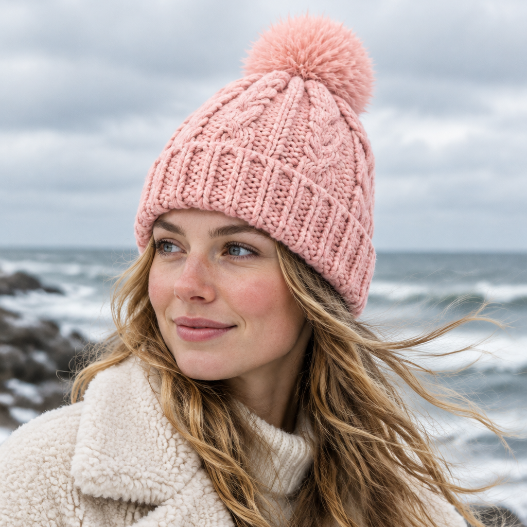 Strickmütze | Baumwolle - Rosa - Gefüttert - Wintermütze - Damen